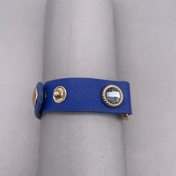 Yik Fung Leather Strap Link Chain Faceted Crystal Bracelet Snap Closure - Picture 3 of 6